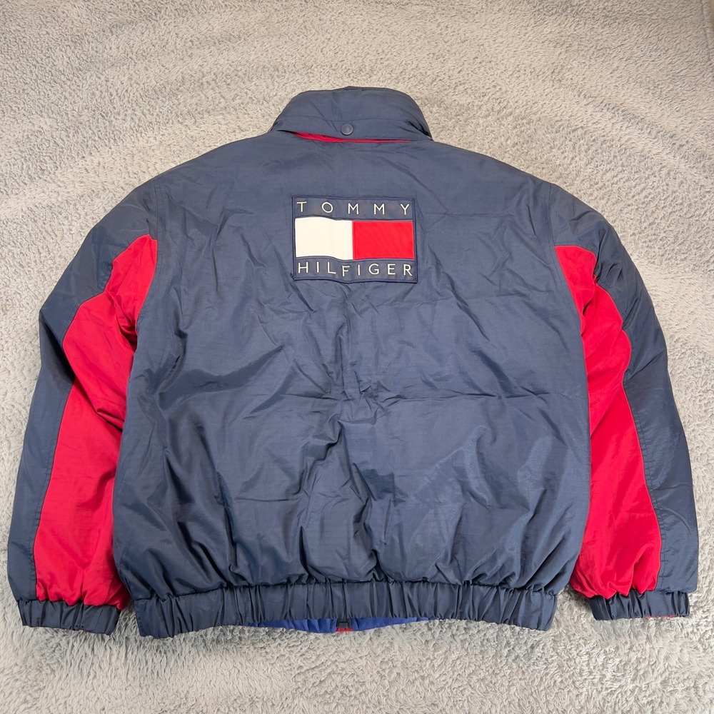 Vintage Tommy Hilfiger Reversible Down Puffer Jacket Navy Red Blue Mens XL 90s